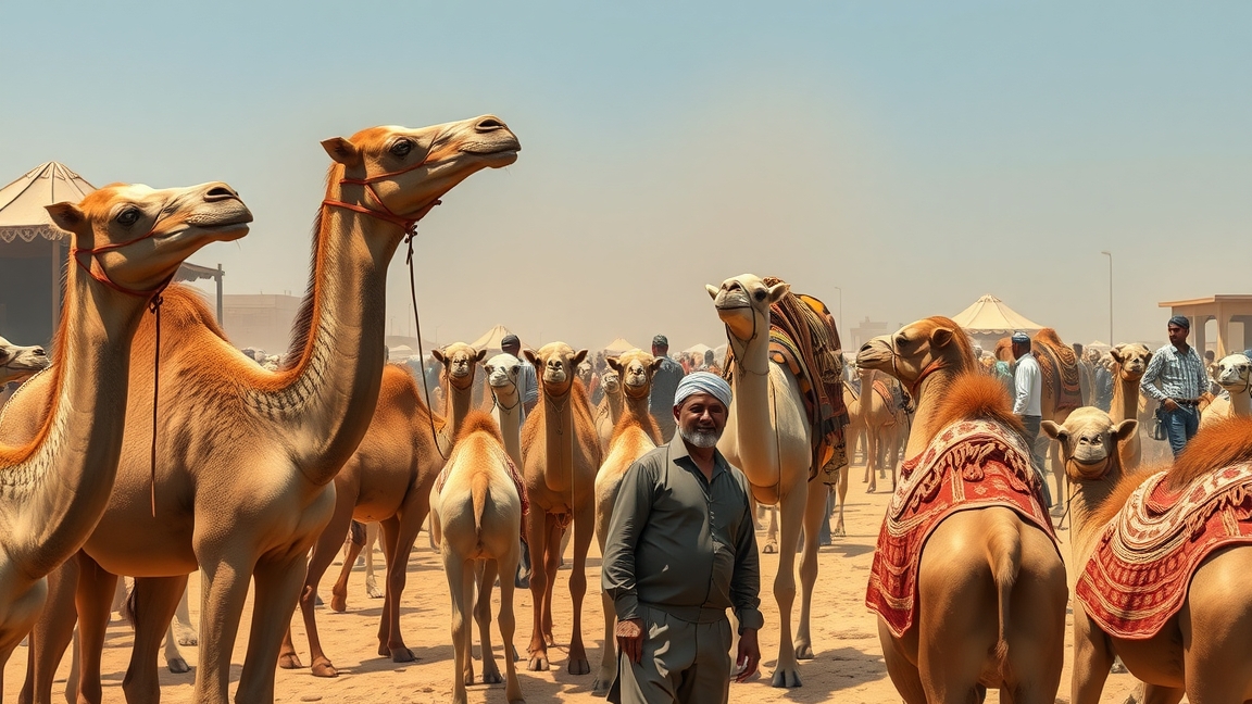 Tevék és egy férfi a sivatagban, arab piacon