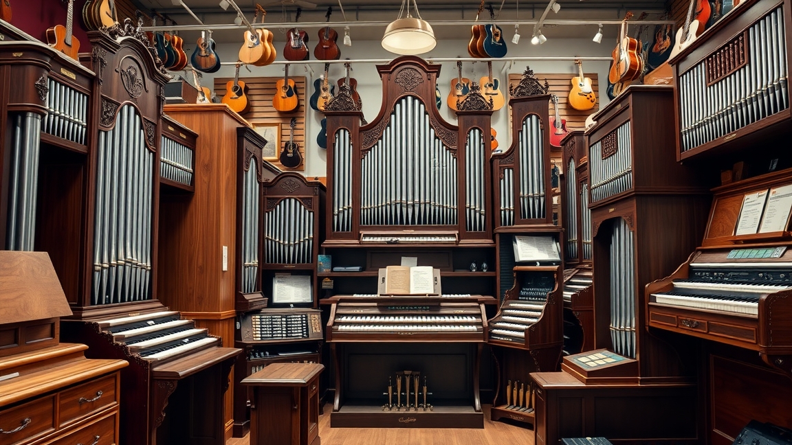 Szépen kidolgozott orgonák egy hangszerboltban