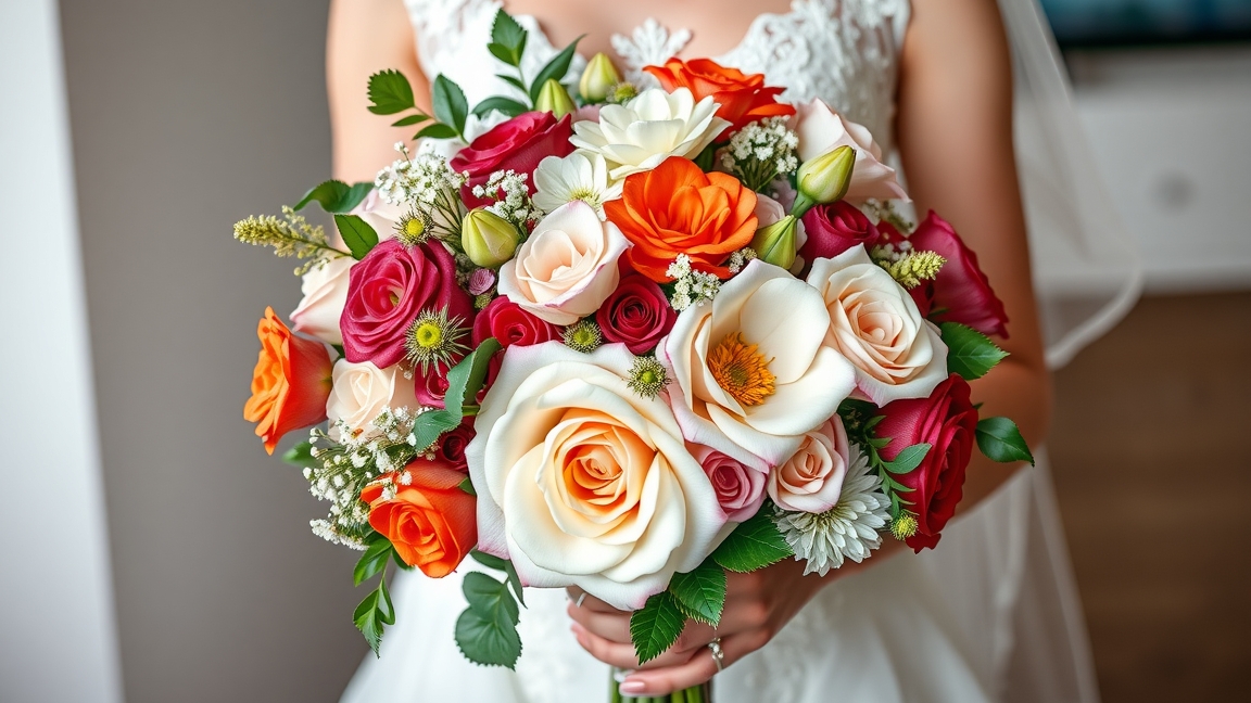 Színes menyasszonyi csokor rózsákkal és egyéb virágokkal.