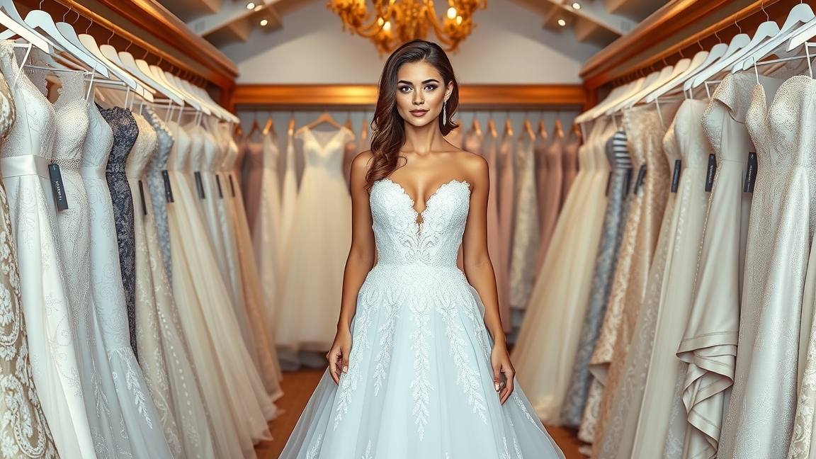 Gyönyörű menyasszonyi ruha bemutatása esküvői boltban