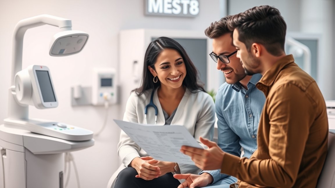 Három ember konzultál mesterséges megtermékenyítésről orvosi környezetben