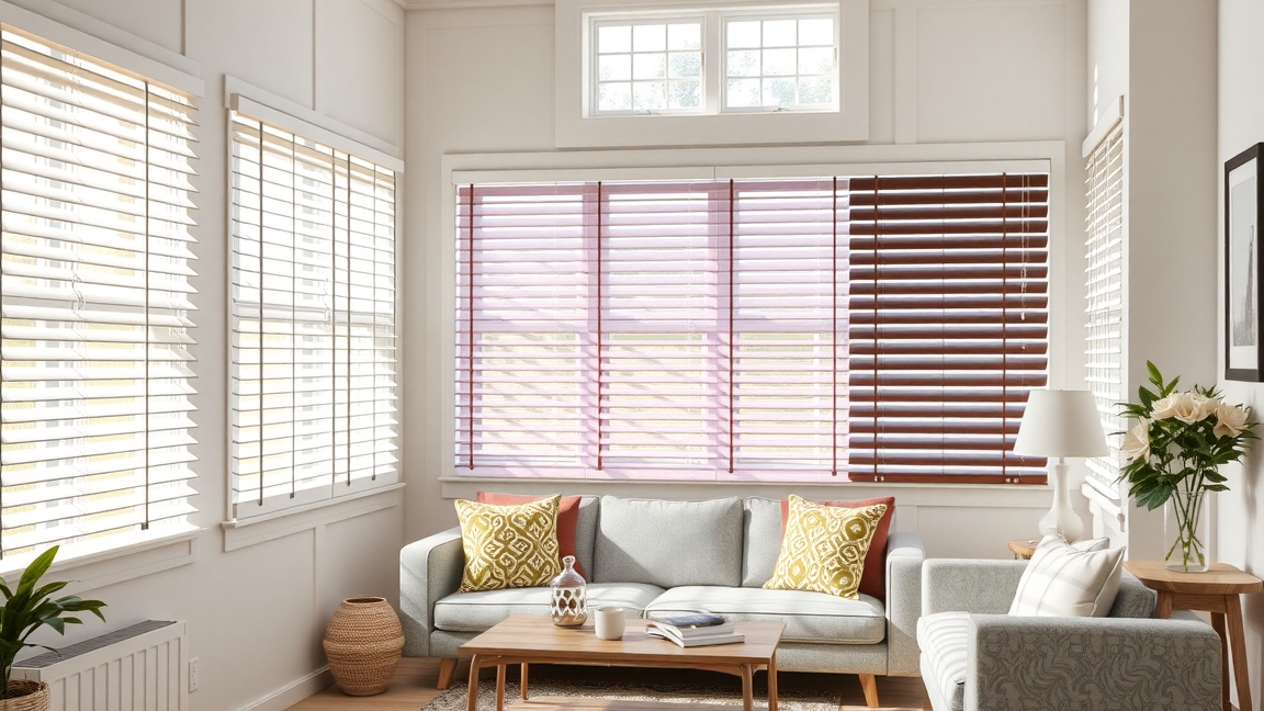 Modern műanyag redőnyök egy világos nappaliban, kényelemmel.