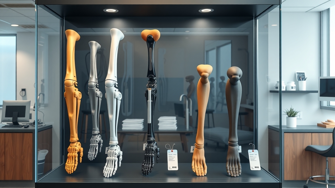 Különböző típusú művégtagok kiállítva egy orvosi rendelőben