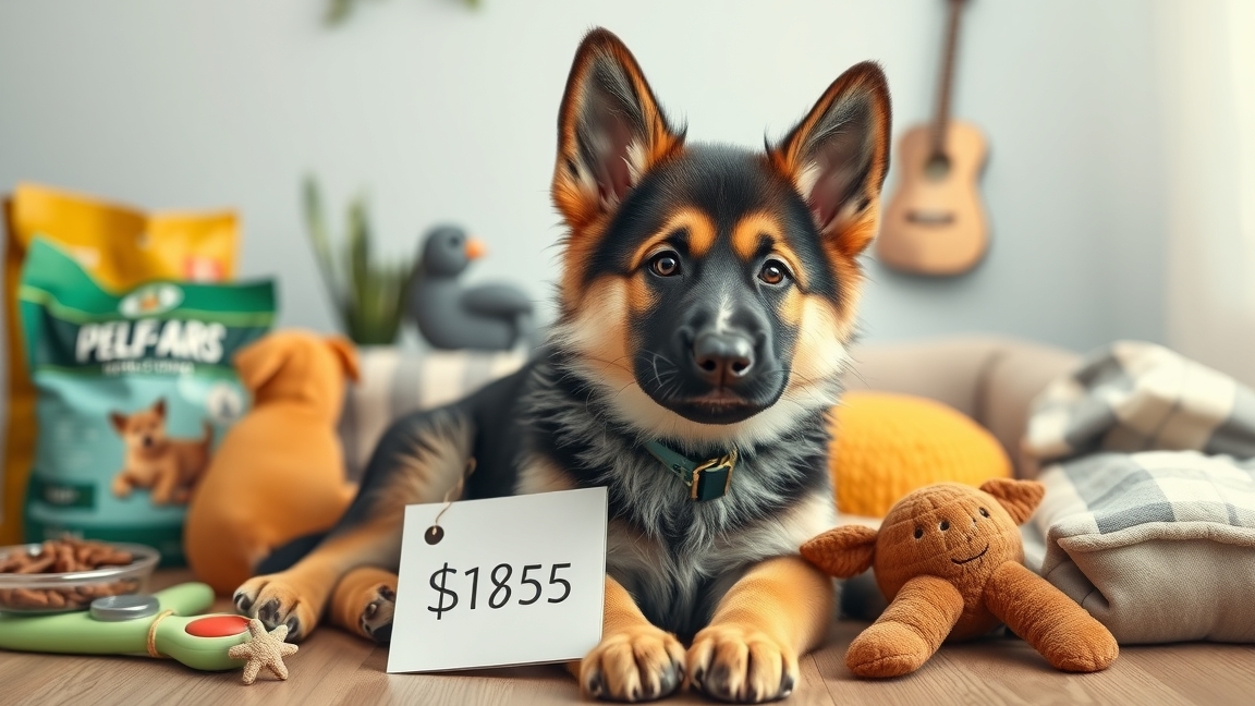 Németjuhász kutya játékokkal és árjegyzékkel