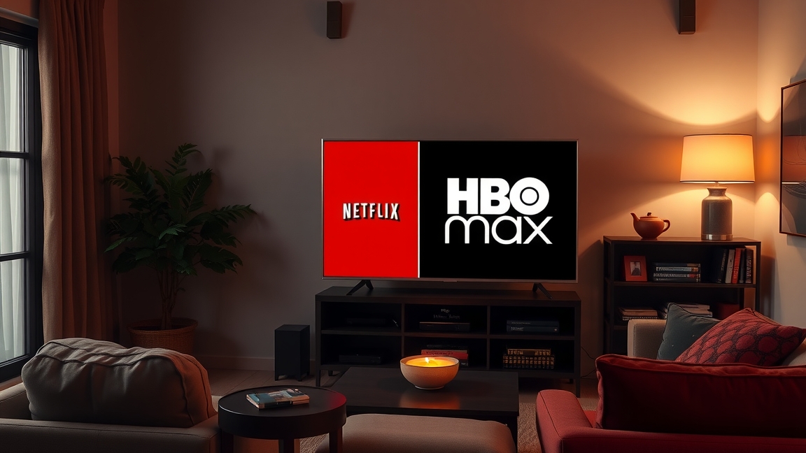 Netflix és HBO Max logók a televízión, modern nappali háttérrel.