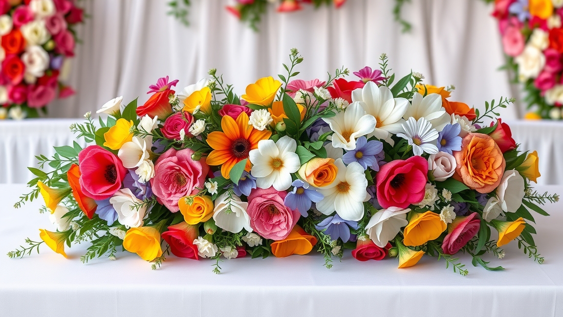 Színes esküvői virágdekoráció nyári eseményhez