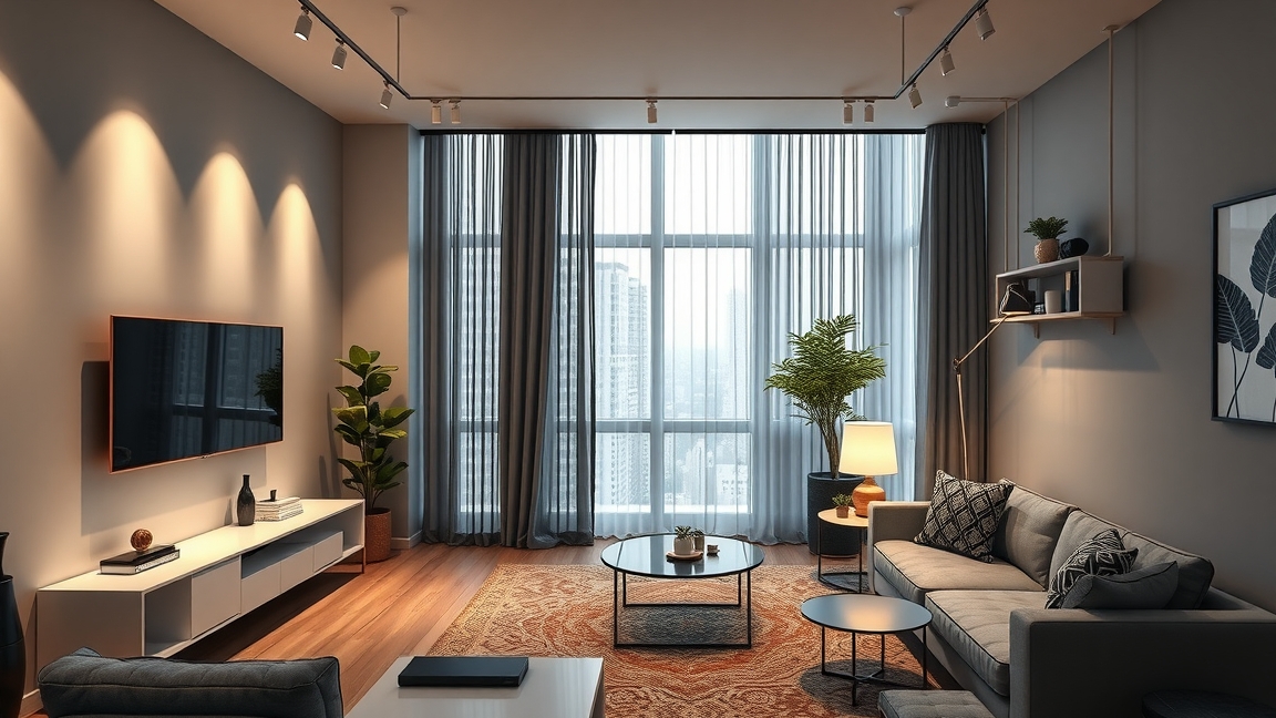 Modern okosotthon nappali világítással és bútorokkal.