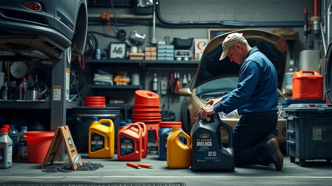 Autószerelő olajcserét végez a műhelyben