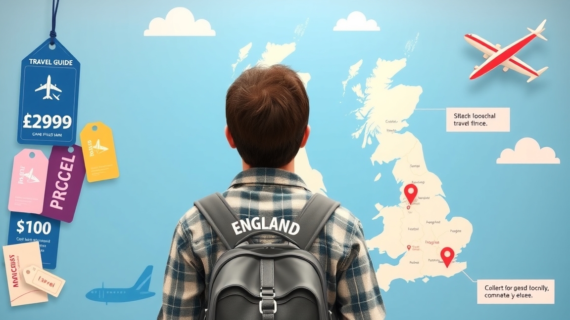 Fiatal férfi Anglia térképét nézi repülőjegy árcímkékkel.