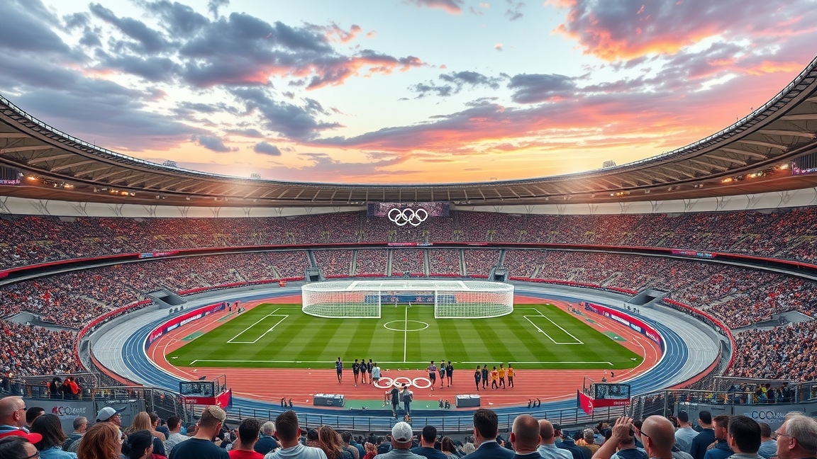 Olimpiai stadion teltházas nézőközönséggel a naplementében