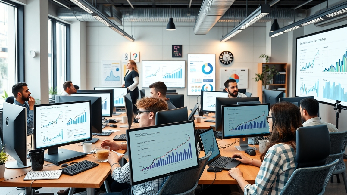 Online marketing ügynökség munkatársai analitikát elemző megbeszélésen