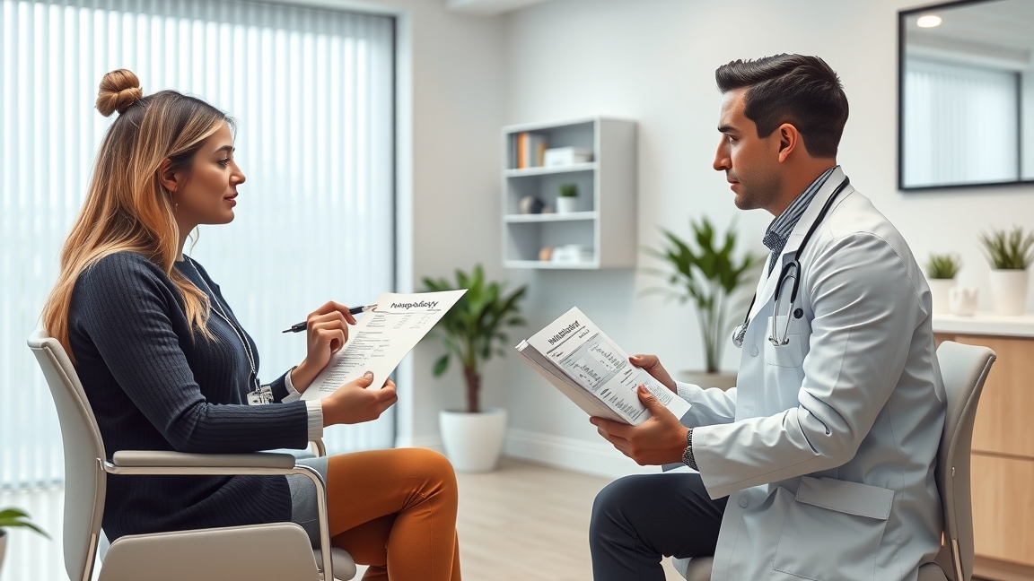 Konzultáció orvos és páciens között orrplasztika előtt.