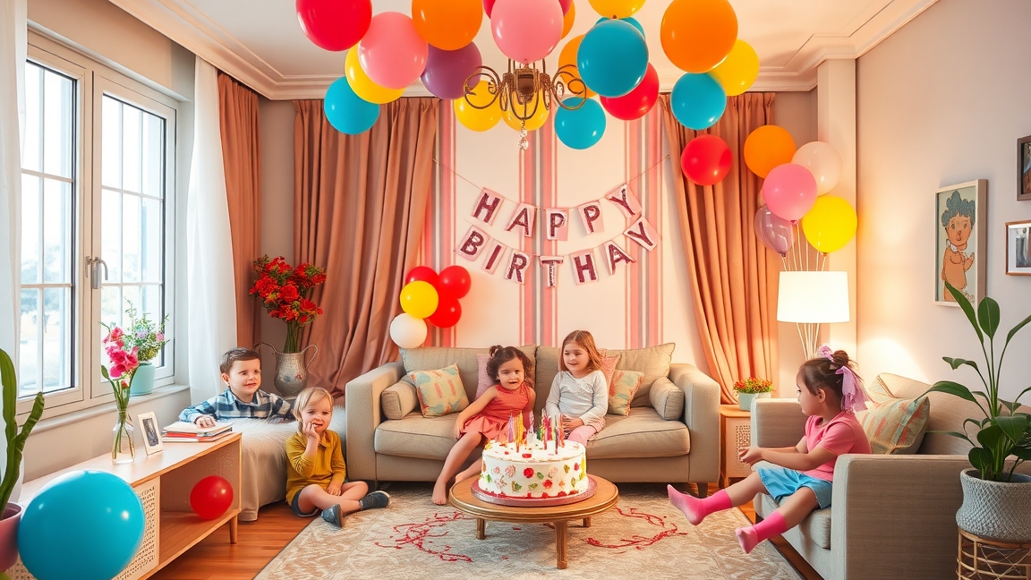 Gyerekek otthoni születésnapi ünnepségén tortával és lufikkal.