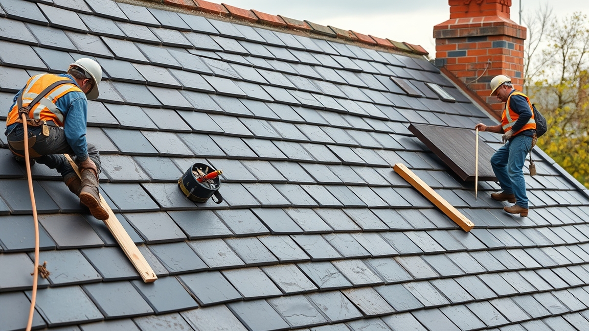 Munkás a palatető felújításán két szakember munkában