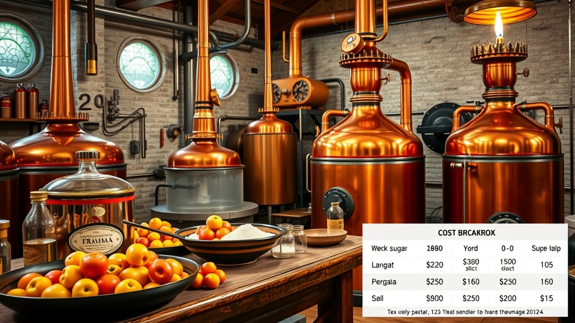 Pálinka főzőüzem, ahol gyümölcs és berendezések láthatóak.