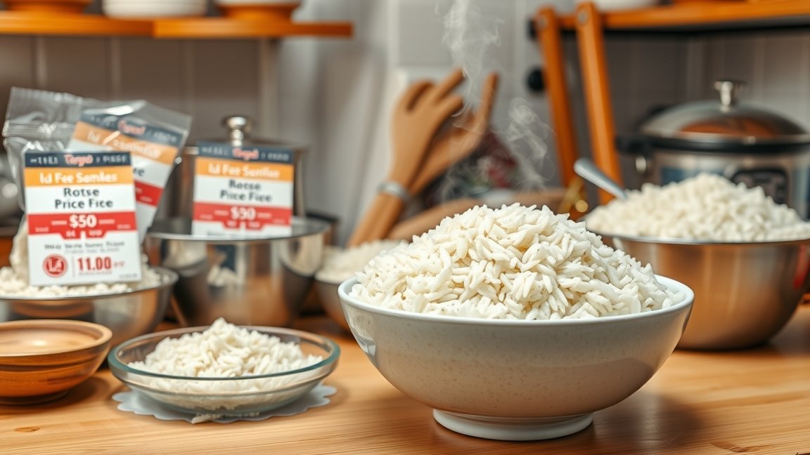 Frissen párolt rizs adag konyha környezetben, árakkal bemutatva.