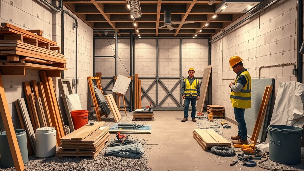 Pince építési munkálatok képe, építőanyagokkal és szakemberekkel.