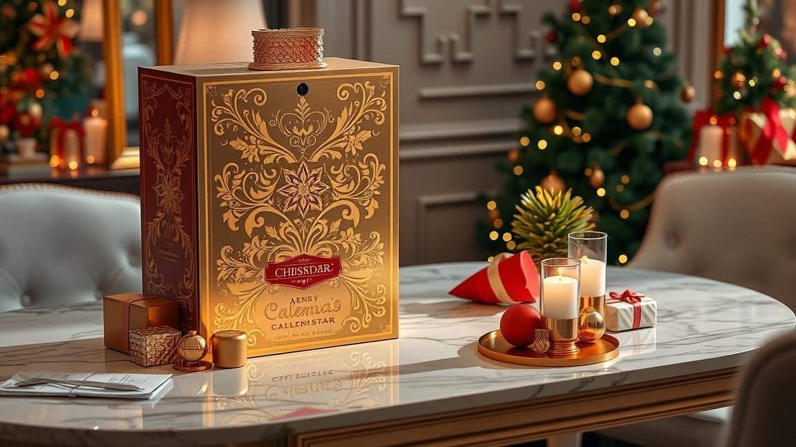 Prémium adventi naptár elegáns dizájnnal ünnepi környezetben
