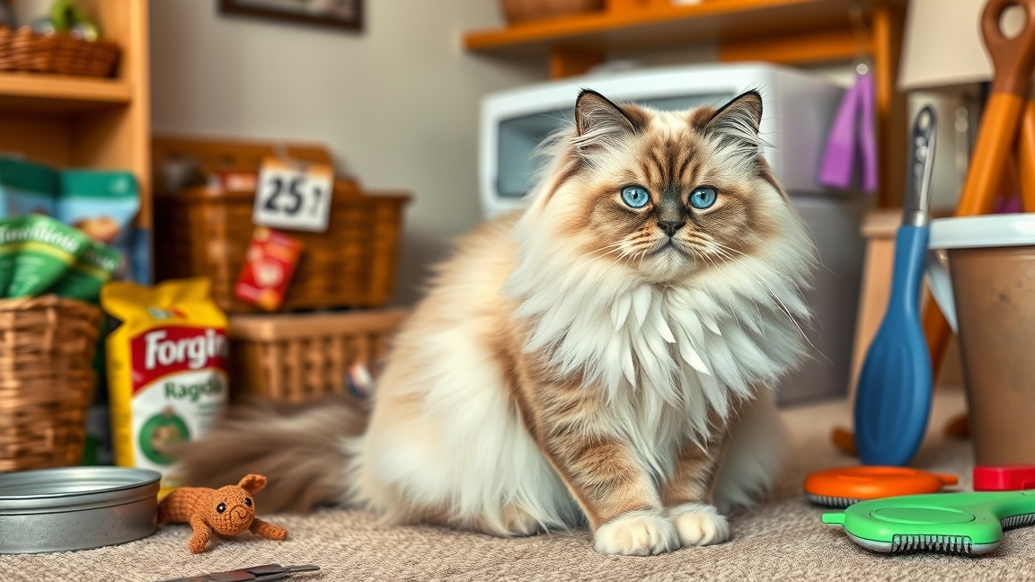 Egy ragdoll cica ül a szőnyegen, játékok és tápok körülötte.