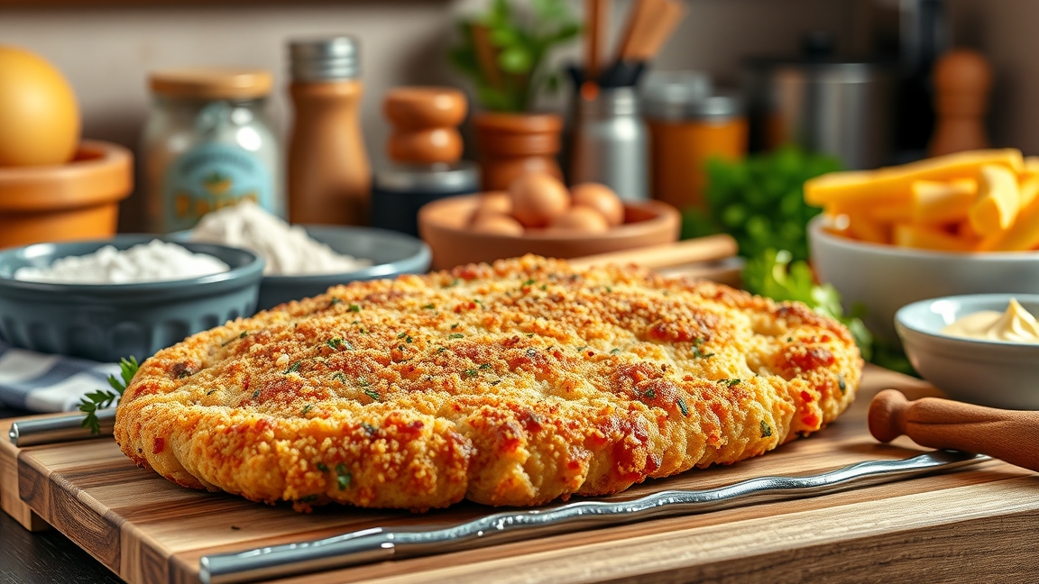 Rántott hús tálalva friss hozzávalókkal és sütőeszközökkel