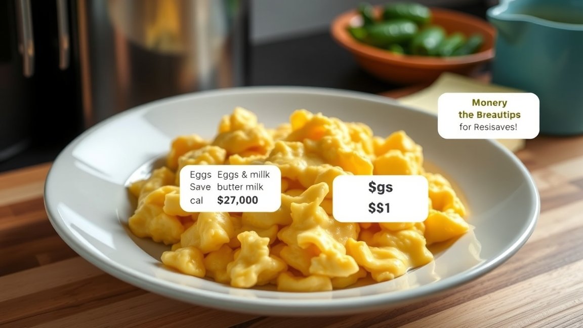 Rántotta tányéron, spórolási tippekkel a háttérben.