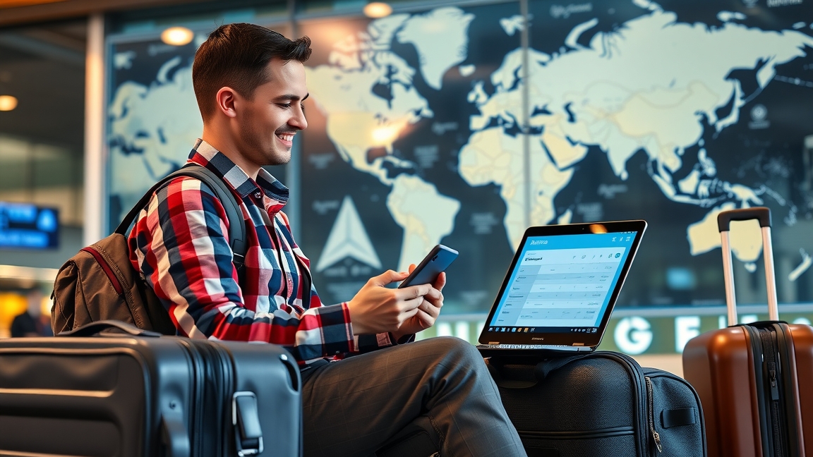 Fiatal utazó a repülőtéren, telefonál és laptopot használ az utazás tervezéséhez.
