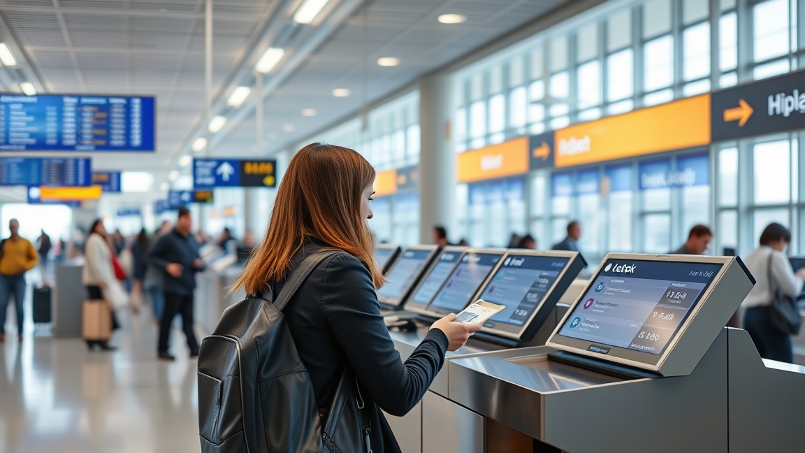 Utazó a repülőtéren repülőjegy átírásához szükséges információkat keres.