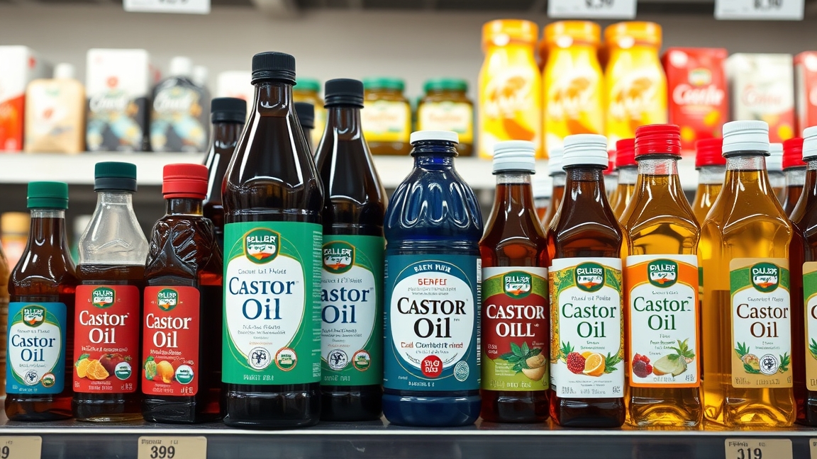 Különböző márkák ricinusolaj palackjai az üzlet polcán.