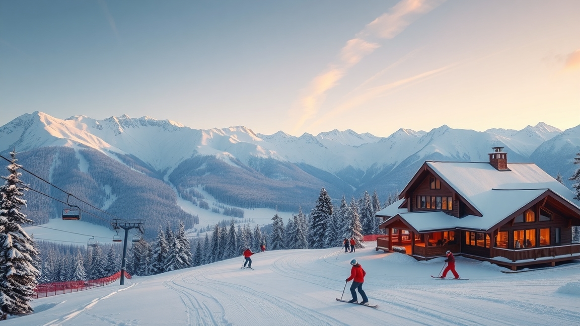 Síelők a hegyekben egy félreeső síház közelében