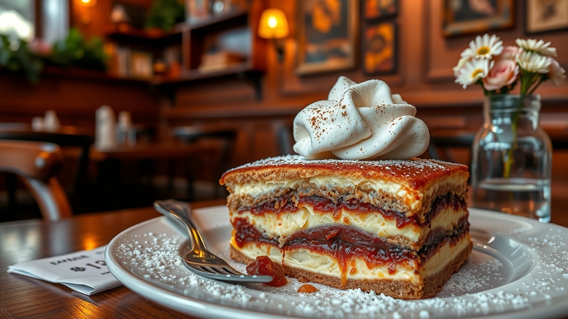 Egy adag somlói galuska tejszínhabbal, étteremben, szép tálalásban.