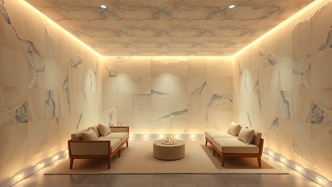 Modern sószoba kialakítás kényelmes bútorokkal és világítással