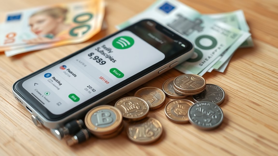 Spotify előfizetési díjak a mobiltelefonon, bankjegyek és érmék mellett.
