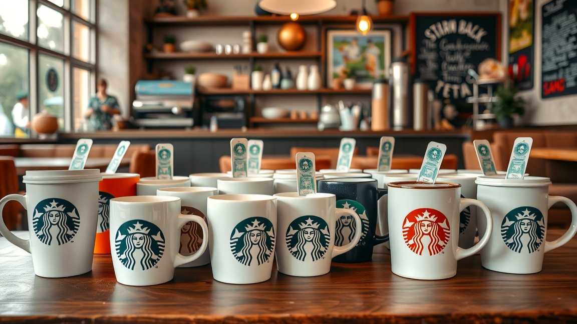Starbucks bögrék különböző színekben és méretekben egy asztalon