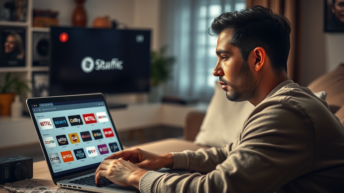 Férfi streaming szolgáltatások böngészése laptopon.