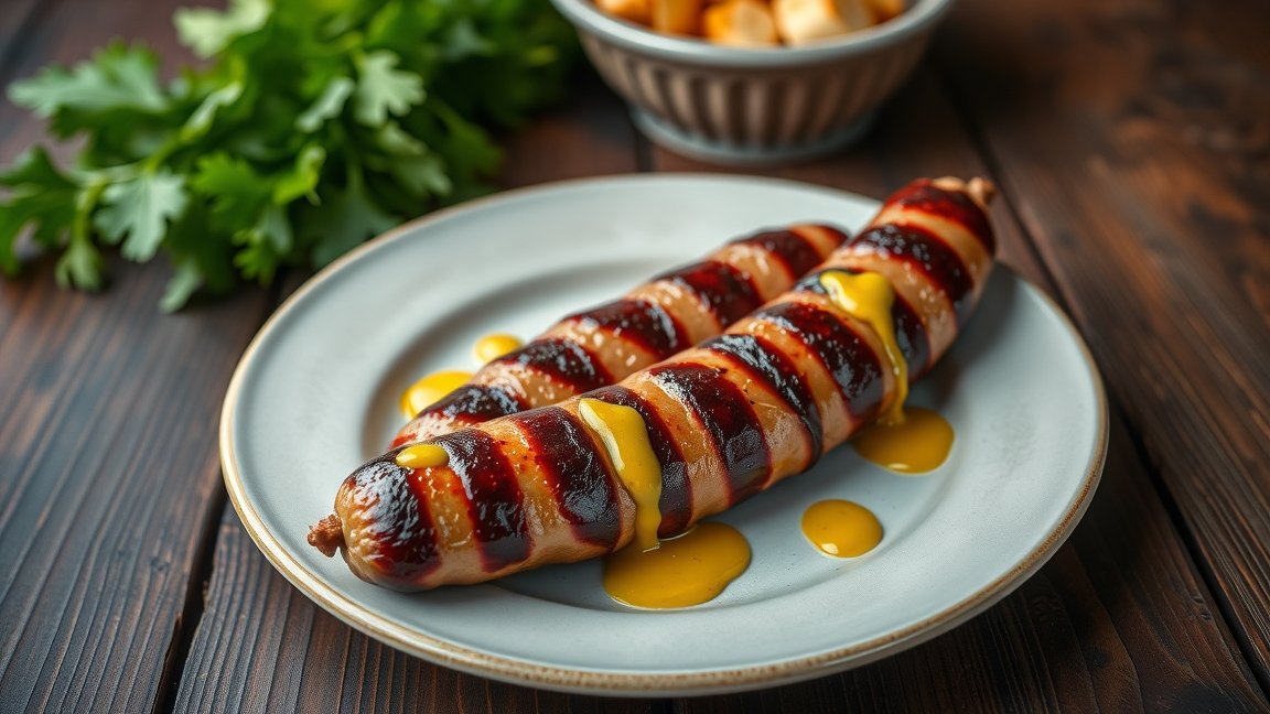 Sült kolbász mustárral, friss petrezselyem és köret mellett