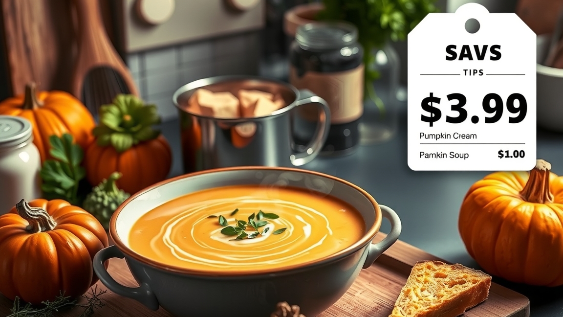 Sütőtök krémleves, dekoratív tálban, háttérben tökök és hozzávalók.