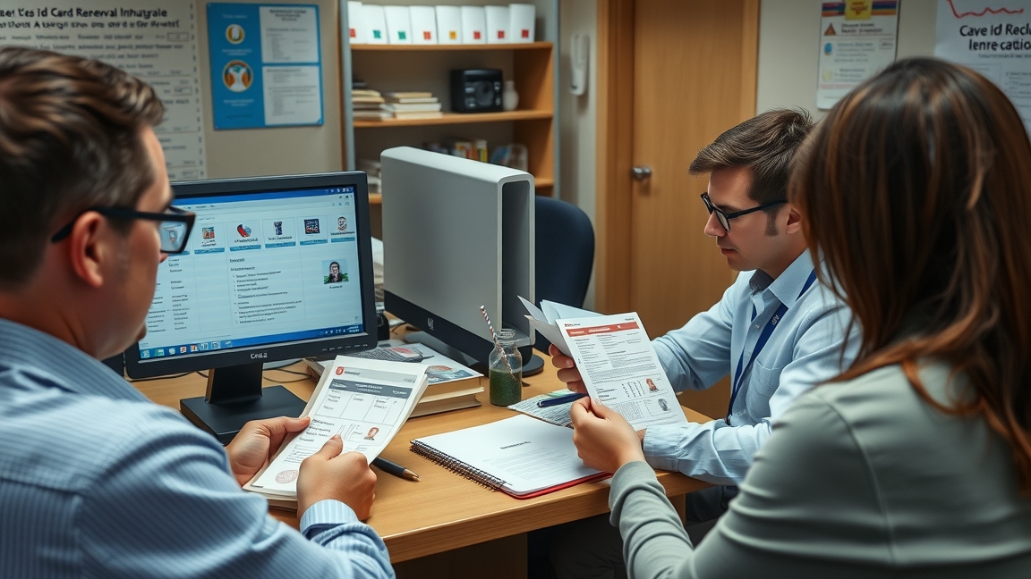 Két ember személyi igazolvány megújításával kapcsolatos dokumentumokat néz.