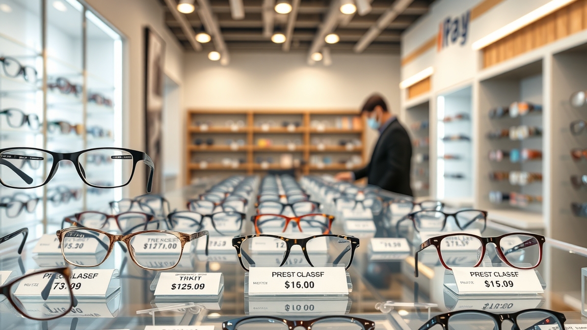 Különböző dioptriás szemüvegek egy optikában, árakkal