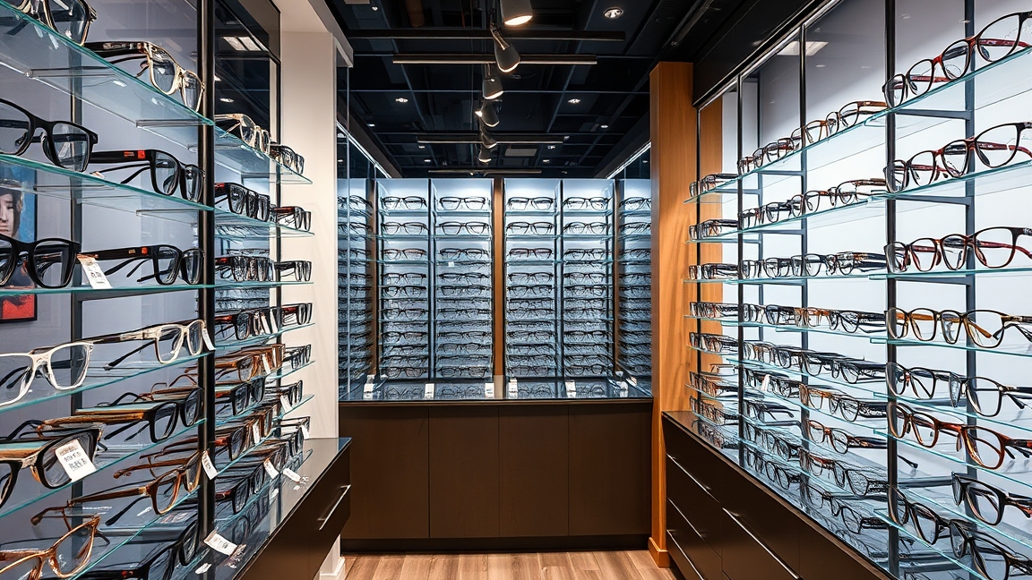 Szemüvegkeretek széles választéka egy optikai boltban.