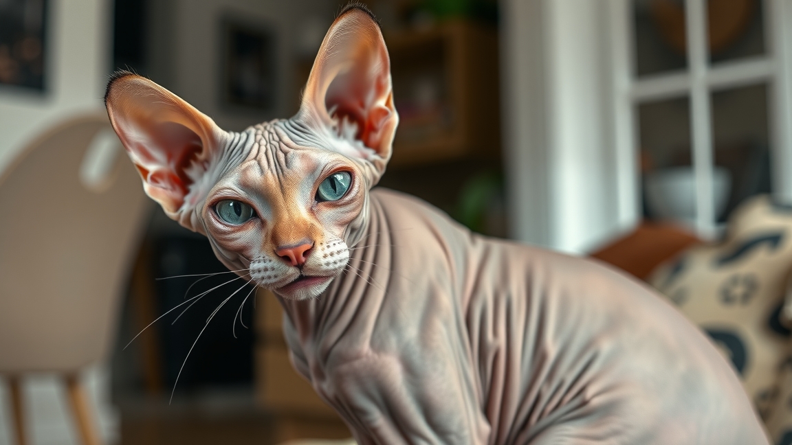 Szfinx macska közelről, kék szemekkel és sima bőrrel