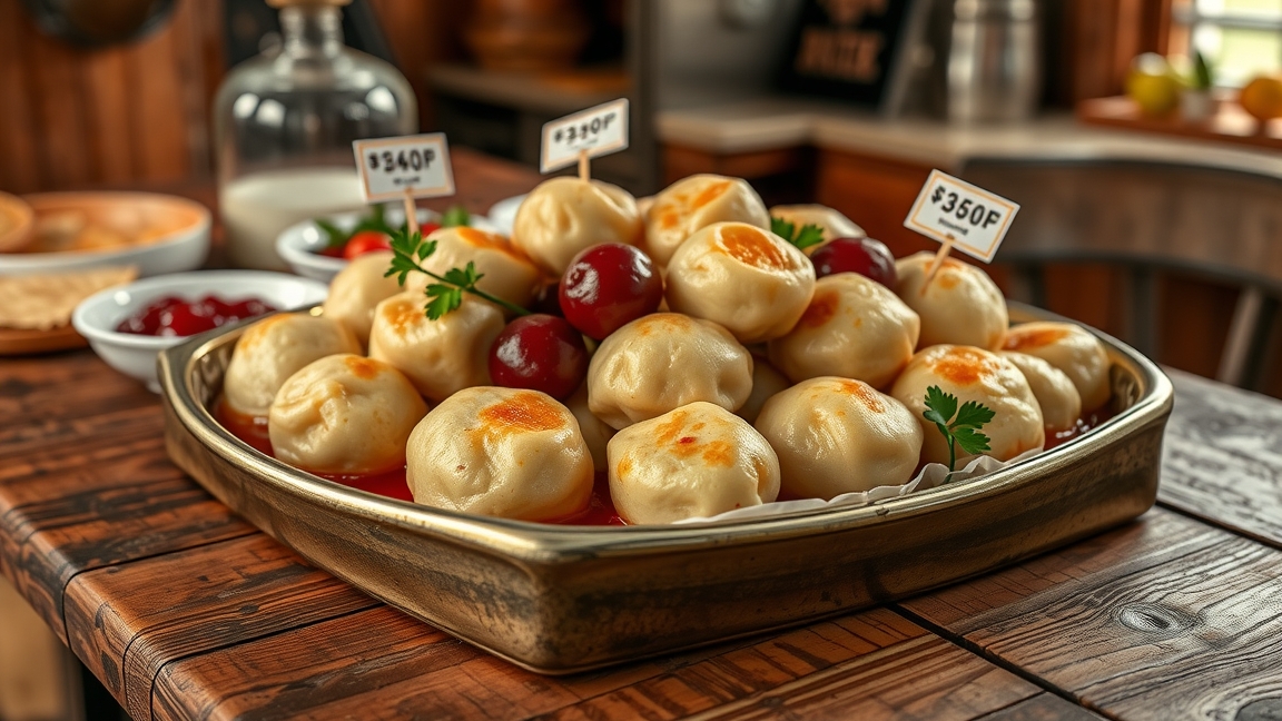 Friss szilvás gombócok tálon, árakkal megjelölve.