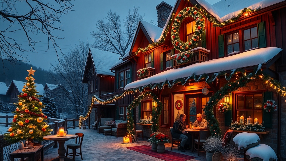 Karácsonyi díszítéssel ellátott vidéki ház szilveszteri estélyen.