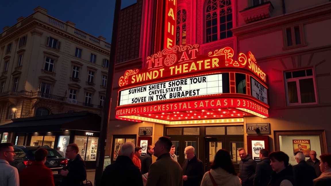 Szinész és nézők a Swindt Színház előtt Budapesten