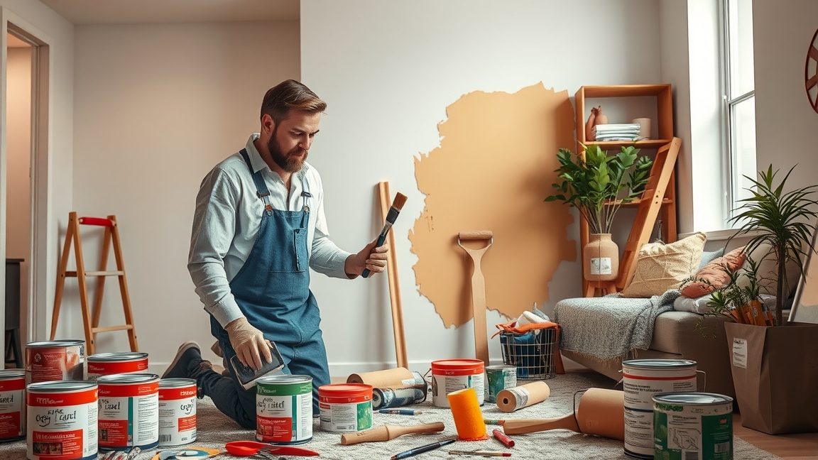 Férfi szobafestő festékekkel és eszközökkel egy lakásban