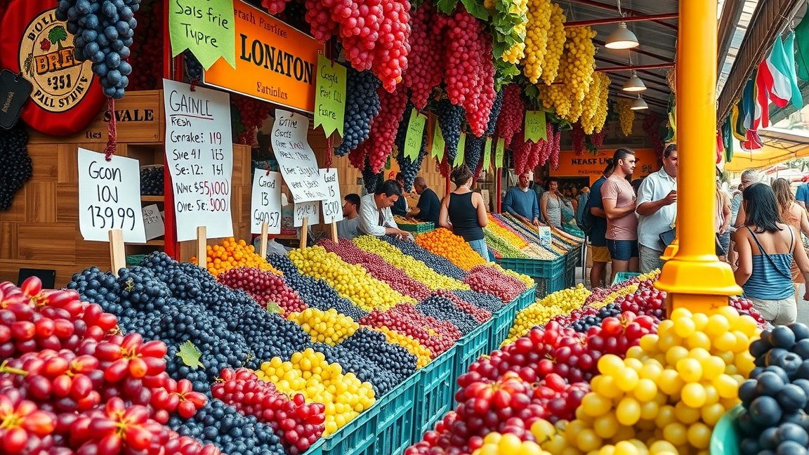 Friss szőlő választék a piacon, szín és fajta szerint.