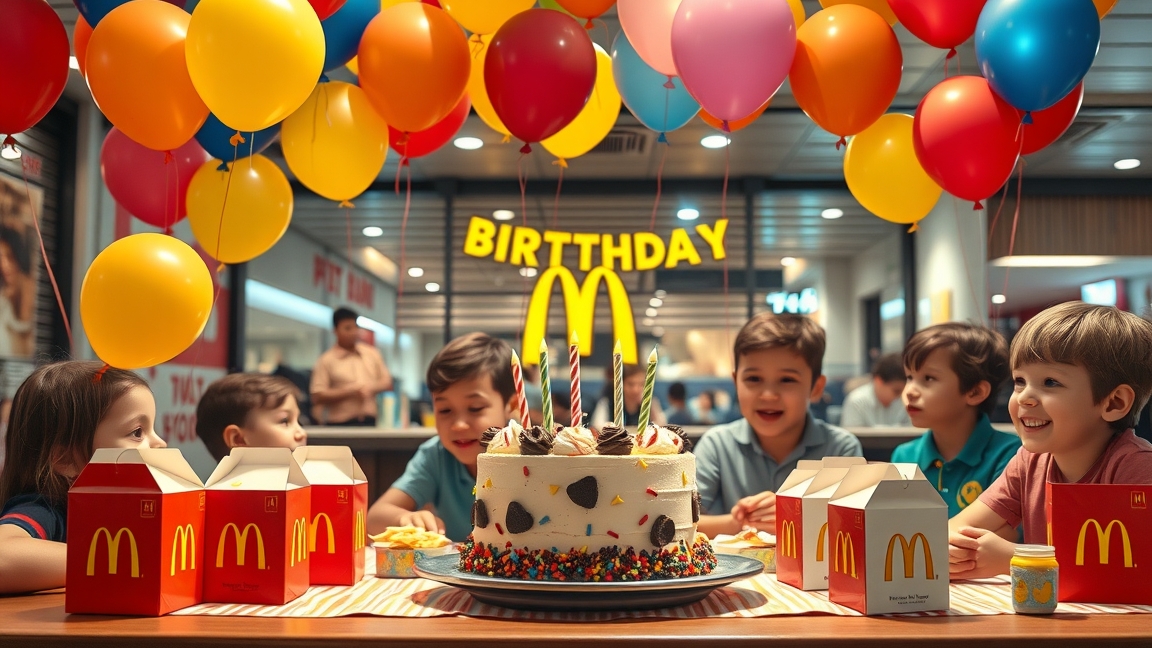 Gyerekek születésnapi buli a McDonald'sban tortával és lufikkal.