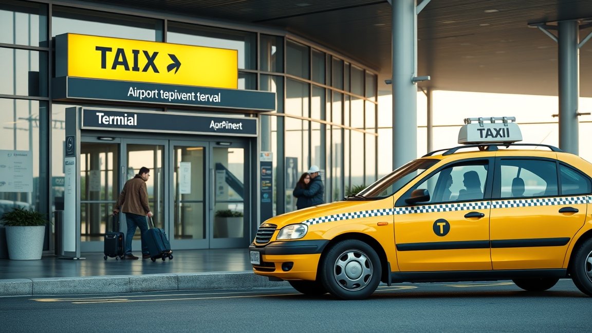 Sárga taxi a repülőtér előtt, utazás során