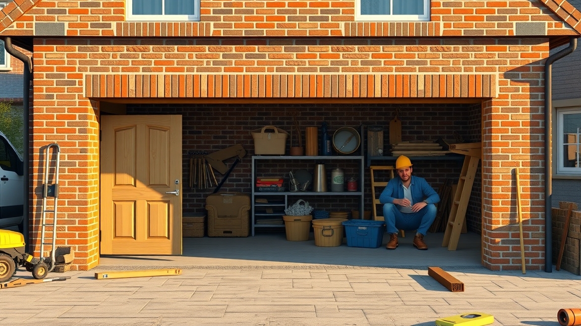 Téglából épült garázs belső tere és építkezés.