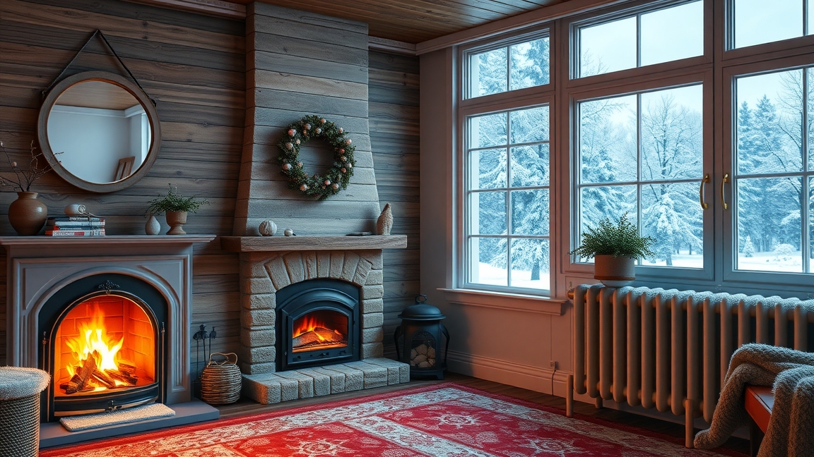 Téli otthon fűtéssel és kandallóval a hóesés közepette
