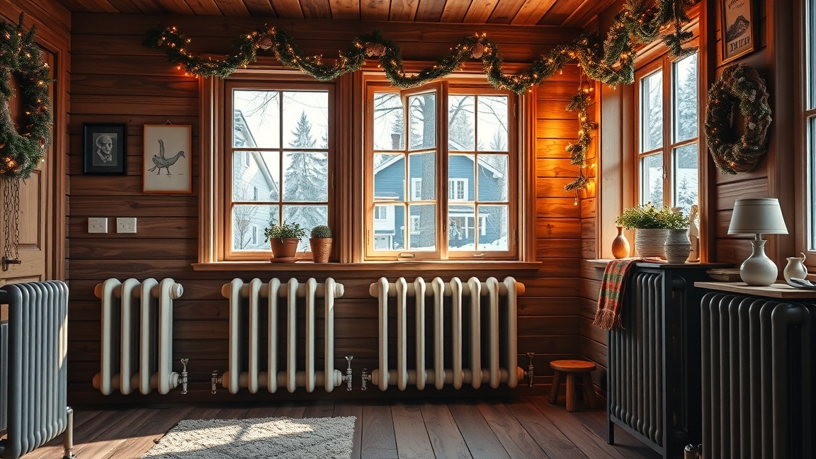 Téli fűtési rendszer otthon, radiátorok és ablakok díszítve.